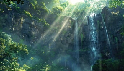 A Waterfall Cascading Down a Lush, Sun-Dappled Cliffside