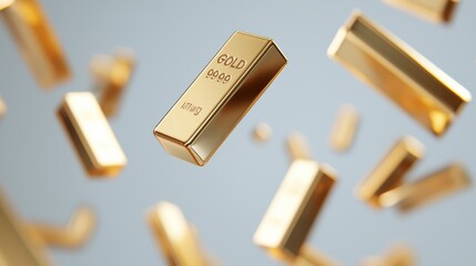 Gold bars are depicted elegantly suspended in mid-air, glimmering under soft lighting, accentuating their rich color and the allure of wealth and luxury