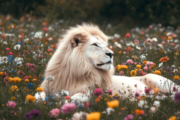 lion with flowers on nature background