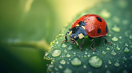 Naklejka premium Extreme close-up of seven-spotted ladybug on textured green leaf, showcasing vibrant red and black colors with natural sunlight and dewdrops in garden setting.