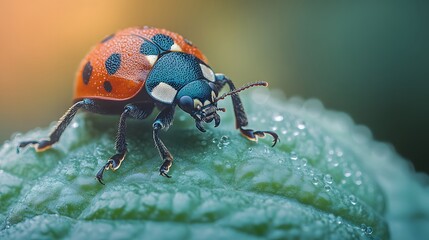 Fototapeta premium Extreme close-up of&nbsp;seven-spotted ladybug on textured green leaf, showcasing vibrant red and black colors with natural sunlight and dewdrops in garden&nbsp;setting.