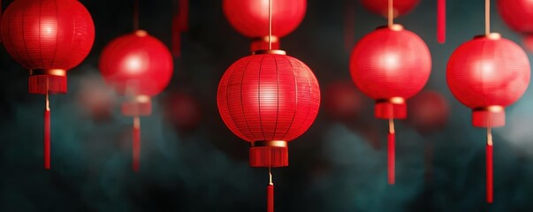 Colorful red lanterns hang gracefully, symbolizing celebration and cultural festivities, emitting a warm, inviting glow in a vibrant atmosphere.