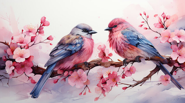 Sfondo con teneri uccellini rosa su un ramo.