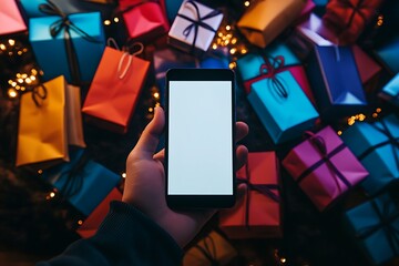 A hand holds a smartphone against a backdrop of colorful wrapped gifts and fairy lights.