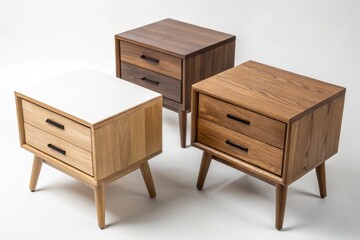 Three Elegant Wooden Nightstands on White Background - Stylish Furniture Display for Home Decor, Interior Design Inspiration, and Modern Bedroom Aesthetics