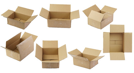 Collection of cartoon boxes. Cardboard box isolated brown card open cardbox. Packaging open box carton delivery packet