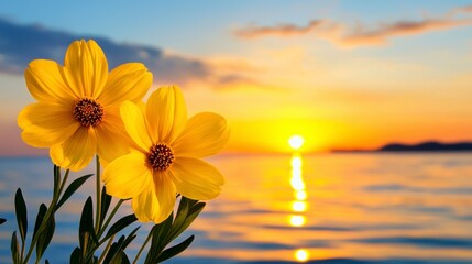 Two vibrant yellow flowers, likely coreopsis or cosmos, are in focus in the foreground, their petals catching the warm glow of a breathtaking sunset.