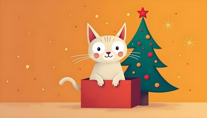 Adorable Kitten in Red Gift Box near Christmas Tree