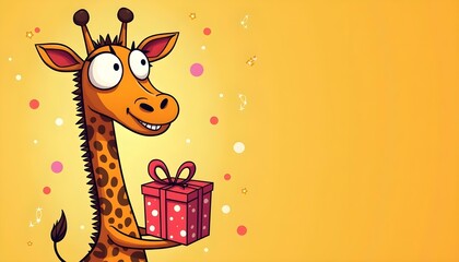 Happy Giraffe with Birthday Gift on Yellow Background