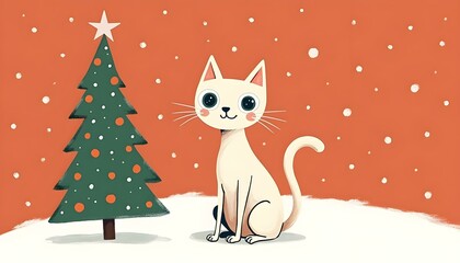 White Cat by Christmas Tree in Winter Snow Scene