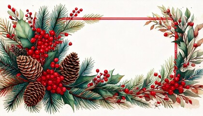 Border of green spruce branches, pine cones, holly twigs, red berries and Christmas decorations. Christmas background, illustration.