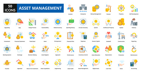 Asset management flat icon collection set