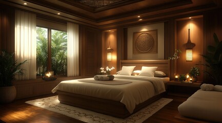 A luxurious bedroom with a king-sized bed, wooden walls, and a view of tropical plants outside the window.