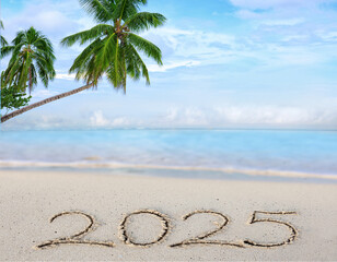 New Year 2025 background with Santa hat and hand written in the white sand.