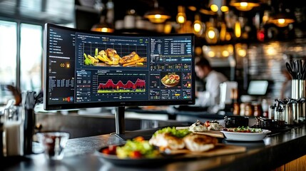 Modern Restaurant Interior Featuring Dynamic Digital Menu Display with Detailed Analytics Overlaid on a Curved Monitor, Surrounded by Gourmet Dishes on a Well-Designed Table