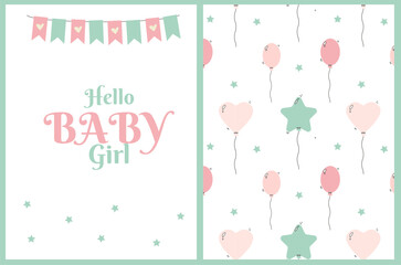 a card and pattern set for a newborn baby girl with balloons and stars in soft colors