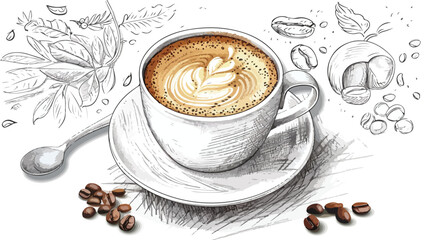 Creative Close-Up of Coffee Cup with Hand-Drawn Sketches, Artistic Coffee Break Concept