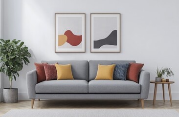 A modern living room with a grey sofa, colorful chevron pillows, and framed abstract paintings on a white wall background