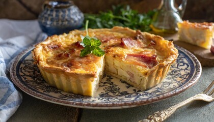 Traditional French Quiche Lorraine Filled With Smoked Bacon, Gruyere Cheese, and Fresh Herbs, Baked to a Golden Brown and Served on a Vintage Ceramic Plate