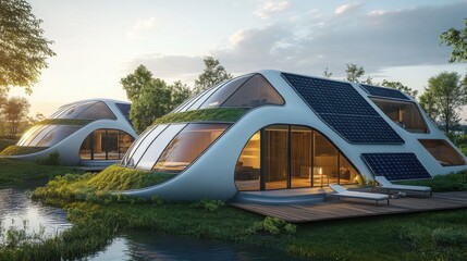 futuristic energy-efficient homes with solar panels and rainwater collection,