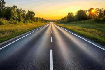 Golden sunlight casts a warm glow over a tranquil country road lined with trees