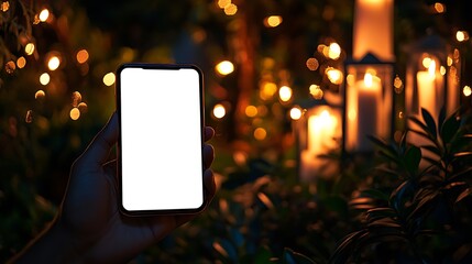 A hand holding a phone against a backdrop of glowing candles in a serene setting.