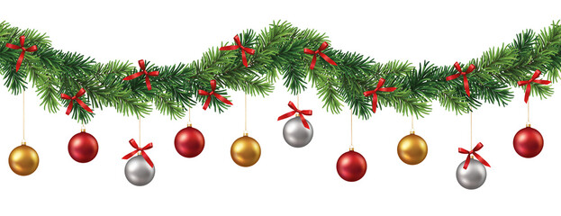 Decorative banner or seamless pattern with green branches and christmas ornaments and ribbons on transparent background