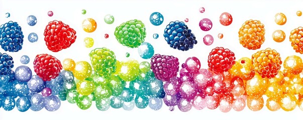 Vibrant Composition of Berries with Bubbles in a Colorful Spectrum showcasing Red, Blue, Green, Orange, and Yellow Berries on a White Background for Food and Beverage Themes