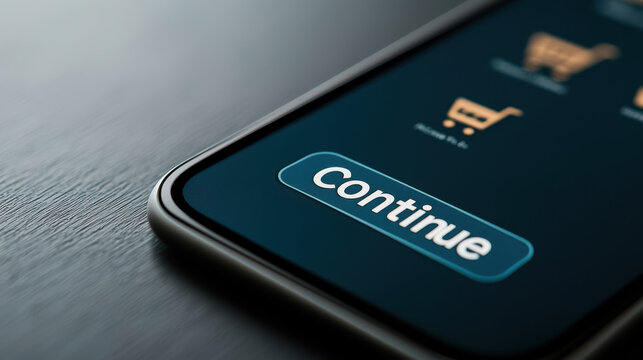 Close up of shopping app interface featuring prominent Continue button, showcasing e commerce functionality and user interaction