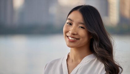 Fototapeta premium young woman with long, wavy hair smiles softly against blurred city background 