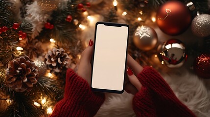 A cozy scene featuring a phone surrounded by festive decorations and warm lights.