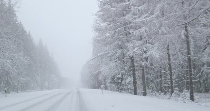 Winter Driving - Driving on a snowy country road through a wooded area - Filmed on a foggy winter day - POV shot / Front view driving plate