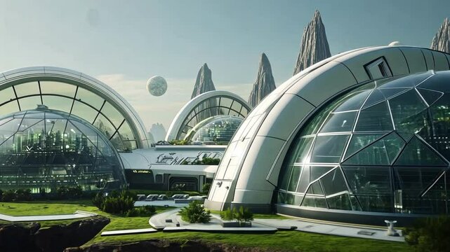 Human colonization of the planet Futuristic city on an alien planet Advanced architecture, large domes and terraforming equipment