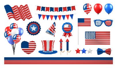 Independence Day items American national holiday 4th of July set realistic vector illustration