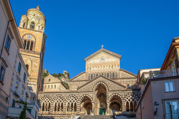 Wide angle view of Amalfi Cathedral located on medieval Roman Catholic cathedral in Piazza del...