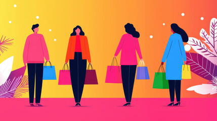 Shopping season illustration featuring four women with colorful bags. vibrant background and stylish outfits create lively atmosphere perfect for sale event
