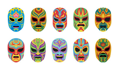 Luchador dead wrestler mask fighting superhero face set vector flat illustration
