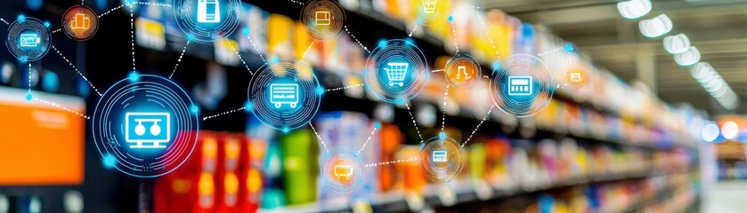 Fototapeta premium Digital Interface Overlaid on Grocery Store Shelves Signifying Modern Retail Technology and Inventory Management Solutions for Optimizing Shopping Experience