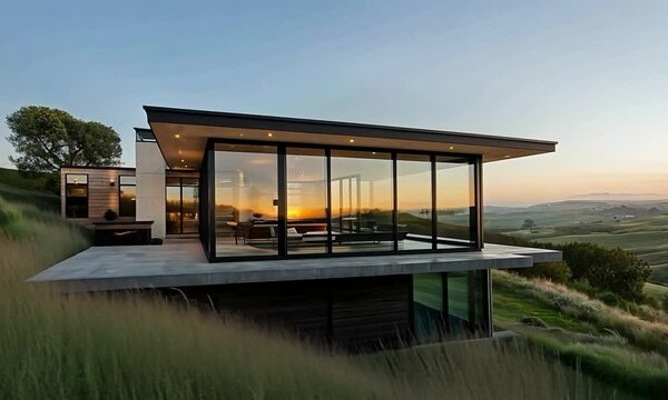 Modern farmhouse with a contemporary facade and wrap-around porch, set against a backdrop of rolling meadows and distant hills