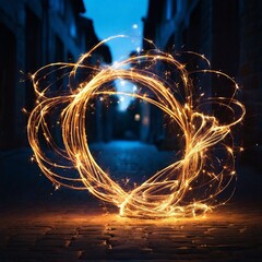 Dynamic shapes in the dark. The long-exposure technique highlights the bright, glowing trails, resulting in an artistic and playful light painting.