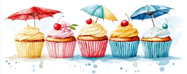 Colorful Cupcakes with Umbrellas in a Watercolor Style, Featuring Cherry and Flower Decorations on Whipped Cream Toppings, Perfect for Celebrations and Events