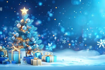 Holidays background with illuminated Christmas tree, gifts and decoration. with generative ai 