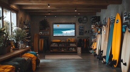 Surfing School Monitor Mockup with Surfboard and Beach Gear. Generative AI