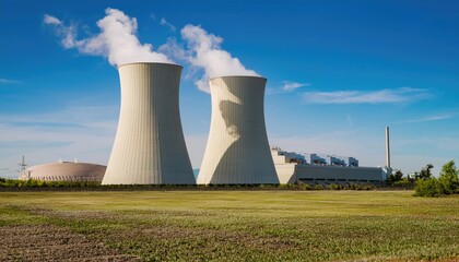 Fototapeta premium Nuclear power plant cooling towers emitting steam under blue sky