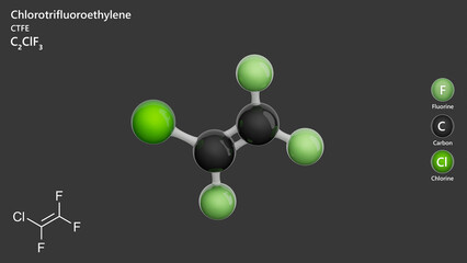 Molecule: Chlorotrifluoroethylene or CTFE. Molecular structure. Formula: C2ClF3. Chemical model: Ball and stick. Gray background. 3D illustration.