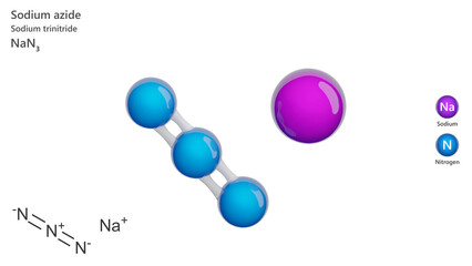 Molecule: Sodium Azide. Molecular structure. Formula: NaN3. Chemical model: Ball and stick. White background. 3D illustration.