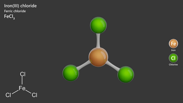 Molecule: Iron(III) Chloride. Molecular structure. Formula: FeCl3. Chemical model: Ball and stick. Gray background. 3D illustration.