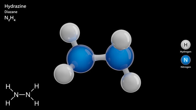 Molecule: Hydrazine. Rocket fuel. Molecular structure. Formula: N2H4. Chemical model: Ball and stick. Black background. 3D illustration.