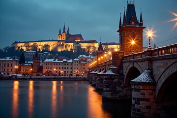 Obraz premium Charles Bridge in Prague lit by warm lights on a winter evening, with reflections on the Vltava river and historic architecture in the background, creating a peaceful and festive atmosphere