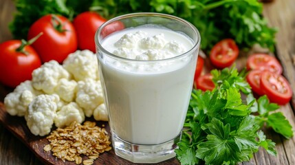 Fresh Ingredients for Healthy Cooking: Creamy Yogurt, Tomatoes, Cauliflower, and Green Herbs on a Rustic Wooden Table